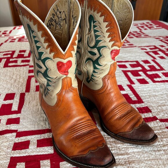 Custom Hammon Cowboy Boots, Women's 8C, PeeWee, Brown & Tan, inlaid tops - Picture 1 of 11